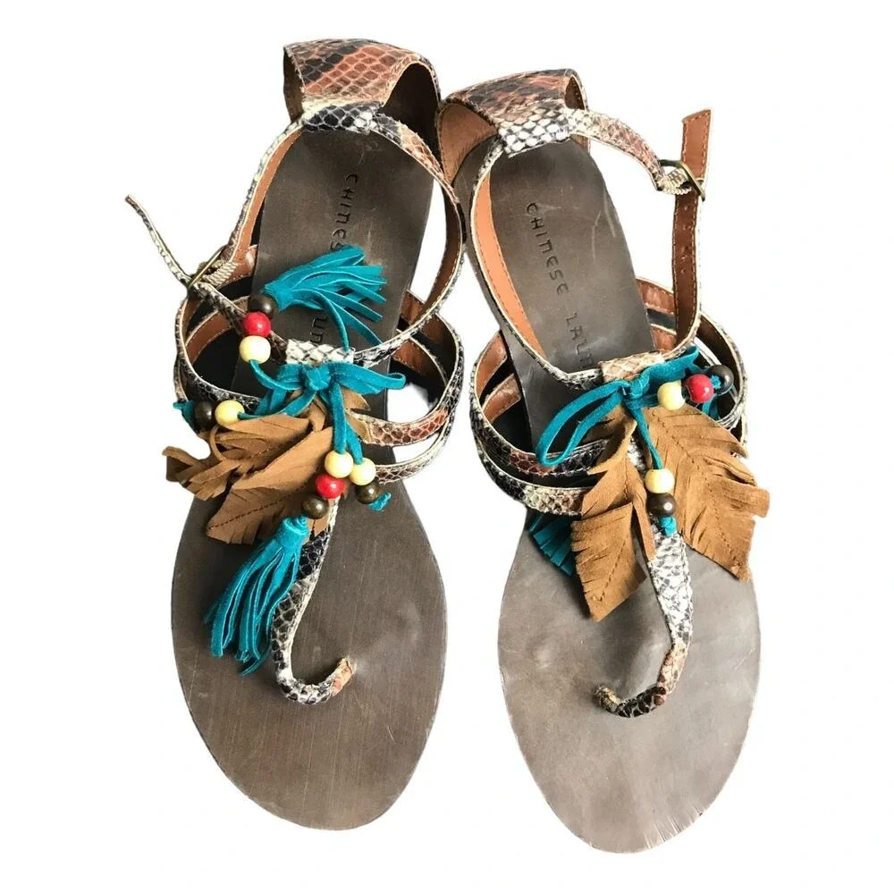 Chinese Laundry Sandals Womens 7.5 Brown Snakeskin Boho Tassel Beaded Flat Thong